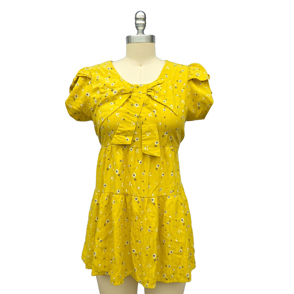 Vintage Y2K Coquette Floral Top Size M Yellow Bow Detail Flutter Sleeve Tie Back